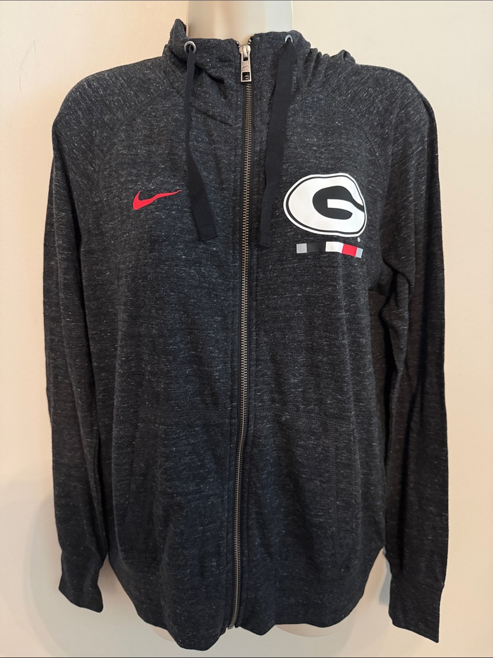 Nike UGA Black Heather Full-Zip Hoodie with Red Swoosh and White Logo